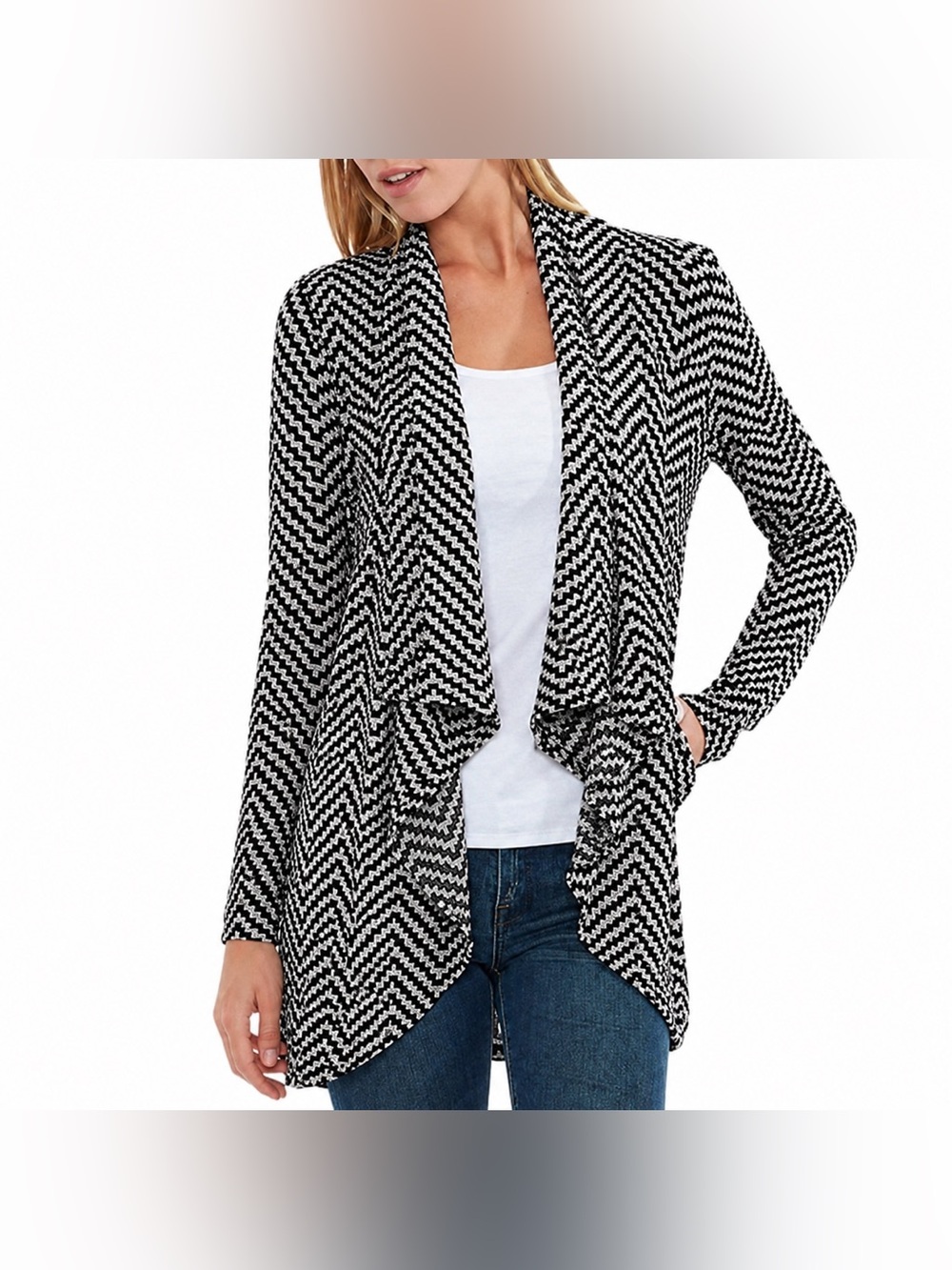 The Limited Chevron Open Front Draped Cardigan Black White Size M